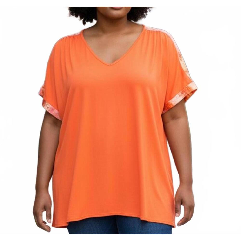 JM Collection Women's Orange V-Neck Short Sleeve Top